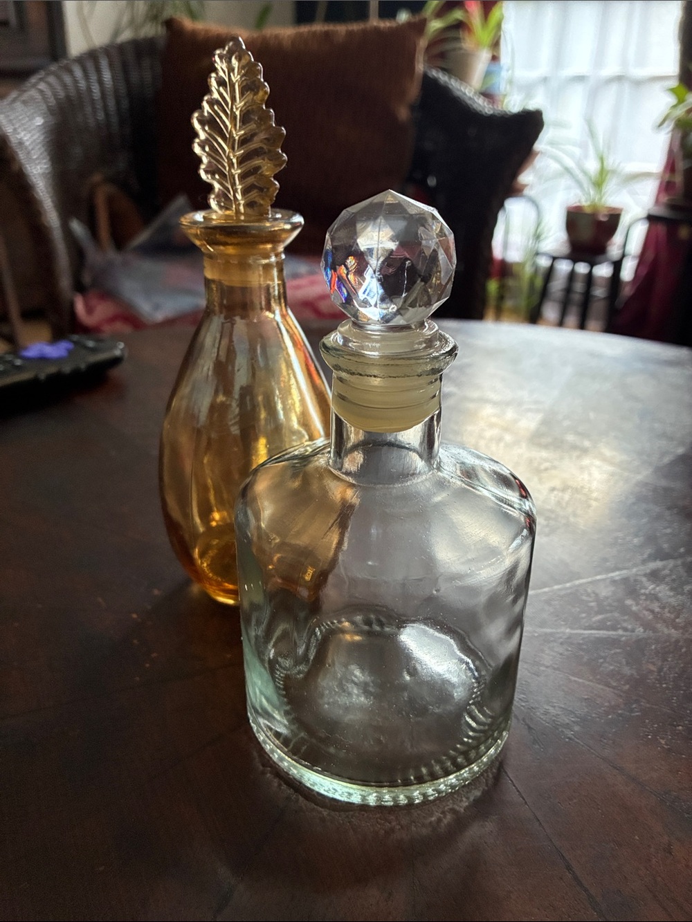 Clear and Amber Decorative Glass Bottle Set with Faceted Stoppers